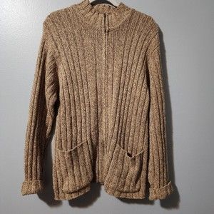 Liz Claiborne Cardigan Sweater Full Zip Cable Knit Womens Large Wool Blend